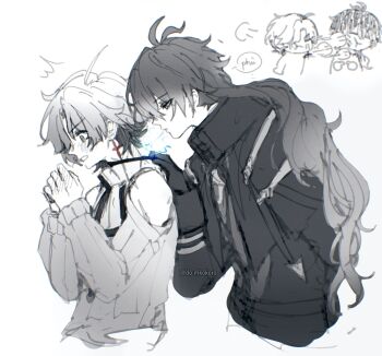 2boys ahoge bare_shoulders black_gloves blowing_on_neck blush chibi chibi_inset choker commentary_request do_mkokoro earrings flins_(genshin_impact) genshin_impact gloves greyscale highres illuga_(genshin_impact) implied_yaoi jewelry leaning_forward long_hair long_sleeves male_focus monochrome multiple_boys scar single_earring surprised turtleneck white_background