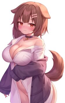 1girl absurdres animal_ears black_choker blush bone_hair_ornament breasts brown_eyes cartoon_bone choker cleavage collarbone commentary_request cosplay deaver dog_ears dog_girl dog_tail hair_ornament highres hololive inugami_korone large_breasts looking_at_viewer navel nekomata_okayu nekomata_okayu_(cosplay) nekomata_okayu_(oversized_shirt) shirt simple_background solo tail virtual_youtuber white_background white_shirt