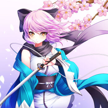 Rule 34 | 1girl, ahoge, black bow, bow, cherry blossoms, commentary request, edamame senpai, fate/grand order, fate (series), gradient background, hair bow, haori, highres, holding, holding sword, holding weapon, japanese clothes, katana, obi, okita souji (fate), okita souji (koha-ace), orange eyes, pink hair, pixiv fate/grand order contest 1, sash, short hair, solo, sword, upper body, weapon, wide sleeves, wind