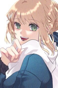 1girl artoria_pendragon_(fate) blonde_hair blue_coat blue_ribbon braid breasts buttons coat commentary_request fate/grand_order fate/stay_night fate_(series) fingernails from_side green_eyes hair_between_eyes hair_bun hair_ribbon hand_up highres long_sleeves medium_breasts open_mouth ribbon ro96cu saber_(fate) scarf short_hair sidelocks simple_background smile solo teeth tongue upper_body white_background white_scarf
