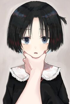 1girl bad_id bad_twitter_id black_hair black_sweater blue_eyes collar cowboy_shot dot_nose drooling grey_background highres light_blush meme non-web_source one_side_up open_mouth original parted_bangs pov pov_cheek_grabbing_(meme) pov_hands simple_background sleeves_past_fingers sleeves_past_wrists sweater uo_yuo white_collar