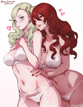 2girls artist_name bra breasts commentary dated fingernails garter_belt garter_straps green_hair hair_ornament hairclip hand_on_another&#039;s_hip highres implied_yuri kirijou_mitsuru lingerie lipstick long_hair looking_at_viewer makeup medium_breasts mina_cream multiple_girls navel panties persona persona_3 persona_5 red_hair red_lips red_nails simple_background smile standing stomach takamaki_anne underwear white_background white_bra white_garter_belt white_garter_straps white_panties yuri