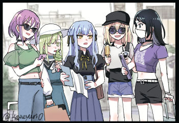 5girls ave_mujica_(bang_dream!) bang_dream! bang_dream!_it&#039;s_mygo!!!!! baseball_cap black_choker black_hair black_hat black_shirt black_shorts blonde_hair blue_dress blue_eyes blue_hair blue_pants blue_shorts blue_skirt choker commentary_request dress food green_hair green_shirt hair_ornament hair_ribbon hairclip hat holding holding_ice_cream_cone ice_cream ice_cream_cone mask medium_hair midriff misumi_uika mouth_mask multiple_girls navel neck_ribbon off-shoulder_shirt off_shoulder open_mouth pants parallel_hairclips penguinbu pleated_skirt purple_hair purple_shirt ribbon rolling_suitcase shirt short_sleeves shorts sidelocks skirt soft_serve suitcase sunglasses togawa_sakiko wakaba_mutsumi white_hat white_mask white_shirt yahata_umiri yellow_eyes yellow_ribbon yuutenji_nyamu