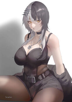 1girl absurdres alternate_costume black_choker black_dress black_hair black_nails breasts choker cleavage dress grey_hair hair_ornament highres hololive hololive_english jewelry large_breasts long_hair looking_at_viewer multicolored_hair necklace pantyhose semasemaphor shiori_novella simple_background solo split-color_hair two-tone_hair virtual_youtuber yellow_eyes