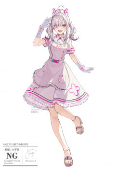 1girl bandaged_arm bandages dress full_body gloves grey_hair hair_between_eyes hand_up hat highres looking_at_viewer medium_hair miyanami_3 mole nijisanji nurse nurse_cap open_mouth sandals short_sleeves simple_background smile solo standing standing_on_one_leg sukoya_kana teeth virtual_youtuber white_background white_dress white_gloves