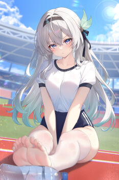 1girl absurdres alternate_costume arms_between_legs barefoot black_hairband blue_buruma blue_sky blurry blurry_foreground blush bottle breasts buruma closed_mouth cloud cloudy_sky commentary crossed_bangs day duplicate feet firefly_(honkai:_star_rail) grey_hair gym_uniform hair_between_eyes hair_intakes hair_ornament hairband hashtag-only_commentary highres honkai:_star_rail honkai_(series) kuroida long_hair looking_at_viewer outdoors paid_reward_available pixel-perfect_duplicate plastic_bottle puffy_short_sleeves puffy_sleeves purple_eyes running_track shirt shirt_tucked_in short_sleeves sitting sky soles solo stirrup_legwear sunlight symbol-only_commentary thighhighs thighs toeless_legwear toes v-shaped_eyebrows v_arms water_bottle white_shirt white_thighhighs