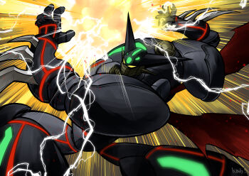 absurdres black_shin_getter electricity energy energy_ball getter_robo getter_robo_arc glowing highres horns huge_filesize kemuribata mask mecha mecha_focus motion_lines no_humans robot signature solo speed_lines spikes stoner_sunshine super_robot wings yellow_eyes