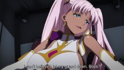 1girl animated anime_screenshot blue_eyes bouncing_breasts breasts catherine_sabathra cleavage clothing_cutout code_geass code_geass:_dakkan_no_roze dark-skinned_female dark_skin earrings highleg highleg_leotard highres hoop_earrings jewelry large_breasts leotard lips pink_hair robot sideboob sound subtitled tagme twintails underboob_cutout vehicle_interior video white_leotard