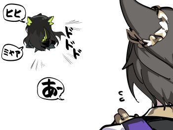 Rule 34 | 1boy, 1girl, animal ears, arknights, black hair, black jacket, black vest, chibi, commentary request, facing away, fleeing, flying sweatdrops, from behind, highres, horns, jacket, kinbakuman, long hair, mon3tr (arknights), phantom (arknights), running, shirt, simple background, tail, translation request, very long hair, vest, white background, white shirt