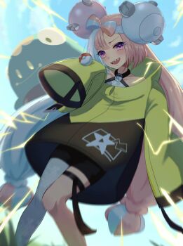 Rule 34 | 1girl, :d, amanegi toro, bellibolt, black shorts, blue hair, blurry, blush, character hair ornament, cloud, commentary request, day, electricity, grey pantyhose, hair ornament, halter shirt, halterneck, highres, iono (pokemon), jacket, long hair, multicolored hair, nintendo, open mouth, outdoors, pantyhose, pantyhose under shorts, pokemon, pokemon (creature), pokemon sv, purple eyes, sharp teeth, shirt, shorts, single leg pantyhose, sky, smile, teeth, thigh strap, twintails, two-tone hair, upper teeth only, yellow jacket