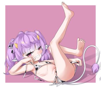 1girl animal_ears animal_print armpits ass bare_legs barefoot bikini bikini_bottom_pull blunt_bangs blush clothes_pull cow_ears cow_girl cow_horns cow_print cow_print_bikini cow_tail equus_ignis fangs feet flat_chest from_side full_body grin hair_ribbon highres horns leg_up legs legs_up loli long_hair looking_at_viewer lying micro_bikini mole mole_under_mouth muu_muyu navel on_back open_clothes phase_connect pink_eyes print_bikini pulling_own_clothes purple_background purple_hair ribbon side-tie_bikini_bottom simple_background skin_fangs smile soles solo swimsuit tail teeth thighs toes twintails undressing untied_bikini_top virtual_youtuber white_bikini