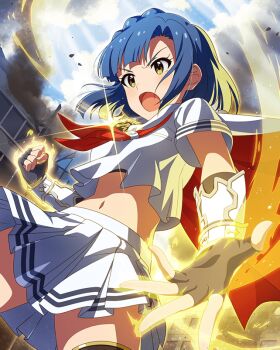 Rule 34 | 1girl, amulet, artist request, black thighhighs, blue hair, braid, breasts, cape, capelet, city, commentary request, cowboy shot, emblem, fighting stance, fingerless gloves, gauntlets, gloves, idol heroes (idolmaster), idolmaster, idolmaster million live!, idolmaster million live! theater days, medium breasts, midriff, mighty sailor, nanao yuriko, navel, neckerchief, official art, open mouth, pleated skirt, red neckerchief, school uniform, serafuku, shirt, short hair, short sleeves, simple background, skirt, standing, stomach, thighhighs, two-tone cloak, white capelet, white serafuku, white shirt, white skirt, yellow aura, yellow eyes