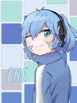1girl ;) antenna_hair blue_hair blue_jacket blush chart closed_mouth commentary_request ene_(kagerou_project) facial_mark from_side green_eyes hair_between_eyes headphones highres jacket kagerou_project looking_at_viewer looking_to_the_side one_eye_closed smile solo stratosphere_(coom1017) two_side_up upper_body