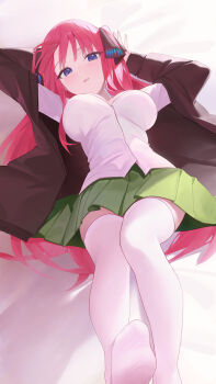 1girl absurdres asahiyama_high_school_uniform black_coat breasts coat commentary_request go-toubun_no_hanayome green_skirt highres huashengjiang_gan_lao_mian large_breasts long_hair looking_at_viewer miniskirt nakano_nino pink_hair purple_eyes school_uniform shirt skirt soles solo thighhighs thighs very_long_hair white_shirt white_thighhighs