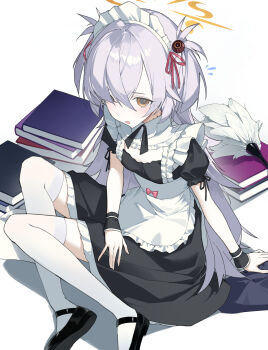 Rule 34 | 1girl, :d, \||/, absurdres, apron, arm support, black dress, black ribbon, black shoes, blue archive, book, commentary, dress, frilled apron, frilled dress, frills, from above, full body, grey hair, hair intakes, hair over one eye, halo, hand on own thigh, highres, kanoe (blue archive), long hair, looking at viewer, maid, maid headdress, mary janes, neck ribbon, okappa (bobbed001), open mouth, orange eyes, orange halo, pale skin, parted bangs, puffy short sleeves, puffy sleeves, ribbon, shoes, short sleeves, simple background, sitting, smile, solo, thighhighs, two side up, white apron, white background, white dress, white thighhighs, zettai ryouiki