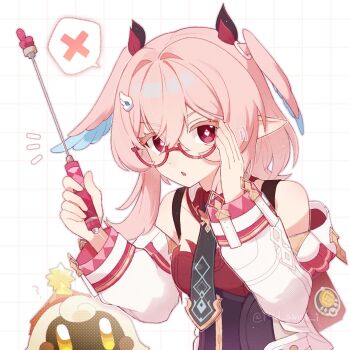 1girl ? aqua_wings backpack bag bare_shoulders bespectacled breasts commentary_request crossed_bangs detached_sleeves dress finger_pointer genshin_impact geo_symbol_(genshin_impact) glasses grid_background hair_between_eyes hair_intakes hair_ornament hair_wings hairpin head_wings heart heart-shaped_pupils hid_amar_i highres holding holding_pointer linnea_(genshin_impact) long_sleeves looking_at_viewer lumi_(genshin_impact) open_mouth pink_eyes pink_hair pink_wings pointer pointy_ears red_dress short_hair solo spoken_x symbol-shaped_pupils two-tone_wings vision_(genshin_impact) white_sleeves wings wolf_cut