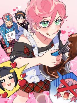 1girl 4boys apron bruno_bucciarati chibi chocolate cooking diavolo guido_mista happy_valentine heart highres jojo_no_kimyou_na_bouken multiple_boys narancia_ghirga orion_on_rio pink_hair signature speech_bubble thought_bubble trish_una valentine vento_aureo white_apron