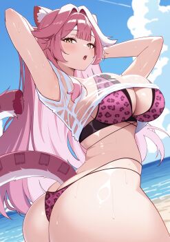 1girl absurdres animal_ears animal_print arm_up armpits ass beach bikini blue_sky blush breasts clothes_lift cloud cloudy_sky colored_inner_hair day eyeshadow hair_intakes highres hololive hololive_english large_breasts leopard_print leopard_print_bikini long_hair looking_at_viewer maholooon makeup multicolored_hair ocean open_mouth outdoors panther_ears panther_girl panther_tail pink_bikini pink_eyeshadow pink_hair pink_tail print_bikini raora_panthera sand see-through_clothes see-through_shirt shiny_skin shirt shirt_lift short_sleeves sky solo streaked_hair swimsuit tail teeth thighs twisted_torso two-tone_hair upper_teeth_only virtual_youtuber white_shirt yellow_eyes