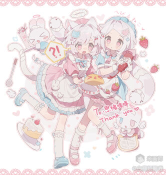 !? 2girls :3 :d :o absurdres animal_ear_fluff animal_ears apron bai_xiong_nailaojuan blue_bow blue_bowtie blue_dress blue_shoes blunt_bangs blush bottle bow bowtie braid cat_ears cat_girl cat_tail dress fang food frilled_apron frilled_dress frilled_socks frills fruit full_body hair_ornament heart heart_hair_ornament highres holding holding_bottle ketchup_bottle long_hair mary_janes mihuashi_username multiple_girls necktie omelet omurice open_mouth original parted_bangs pink_dress pink_eyes pink_hair pink_necktie pink_shoes plate shoes short_sleeves smile socks standing standing_on_one_leg strawberry striped_clothes striped_dress tail thank_you vertical-striped_clothes vertical-striped_dress white_apron white_background white_socks