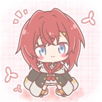 Rule 34 | 1girl, ange katrina, ange katrina (1st costume), black jacket, blue eyes, blush stickers, chibi, closed mouth, collared dress, colored shadow, commentary request, dress, hair ornament, hairclip, highres, jacket, long sleeves, mitarashi neko, nijisanji, notice lines, outline, red hair, red jacket, shadow, sleeves past fingers, sleeves past wrists, smile, solo, standing, virtual youtuber, white dress, white outline