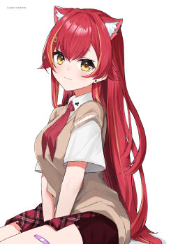 1girl :3 absurdres animal_ear_fluff animal_ears arata_ryou artist_name bandaid bandaid_on_leg blush brown_sweater cat_ears closed_mouth collared_shirt earrings from_side hair_intakes hand_between_thighs highres jewelry long_hair looking_at_viewer multicolored_hair neckerchief nekota_tsuna nekota_tsuna_(4th_costume) orange_streaks paw_hair_ornament plaid_clothes plaid_skirt red_hair red_neckerchief red_skirt school_uniform shirt simple_background sitting skirt sleeveless sleeveless_sweater solo streaked_hair sweater very_long_hair virtual_youtuber vspo! white_background white_shirt yellow_eyes