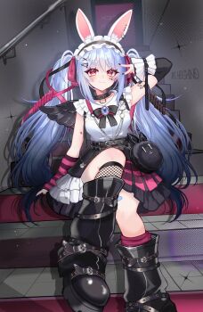 1girl :3 absurdres aki_hoshino animal_ear_fluff animal_ears artist_name asymmetrical_legwear asymmetrical_sleeves bandaid bandaid_on_leg belt black_belt black_boots black_bow black_bowtie black_collar black_hairband black_nails black_sleeves boots bow bowtie buttons closed_mouth collar commentary detached_sleeves facial_mark fishnet_socks fishnets frilled_hairband frilled_skirt frills hair_ornament hairband hairclip heart heart_facial_mark highres hololive long_hair mismatched_legwear mismatched_sleeves pink_skirt pink_sleeves pink_socks rabbit_ears rabbit_girl railing shirt sitting sitting_on_stairs skirt sleeveless sleeveless_shirt socks solo stairs striped_sleeves symbol-shaped_pupils twintails usada_pekora v virtual_youtuber white_shirt