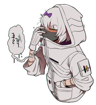 1girl arm_tattoo blush bow closed_eyes commentary_request covered_mouth english_text gloves hair_bow hand_in_pocket highres hood hood_up hoodie jacket kira_(project_moon) korean_commentary korean_text limbus_company mask messy_hair misg1111 mouth_mask pouch project_moon purple_bow short_hair simple_background sleeves_rolled_up solo speech_bubble swallowing sweat tattoo translated white_background white_gloves white_hair white_hoodie white_jacket