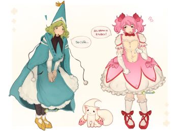 ! 1other 2girls apron black_eyes bow cape coco_(tongari_boushi_no_atelier) commentary dress dress_bow elbow_gloves english_commentary english_text frilled_dress frills gloves green_apron green_cape green_eyes green_hair green_hat hair_bow hat highres kaname_madoka kaname_madoka_(magical_girl) kneehighs kyubey looking_at_another looking_down looking_to_the_side mahou_shoujo_madoka_magica medium_hair multiple_girls neck_ribbon open_mouth own_hands_together pink_bow pink_dress pink_hair puffy_short_sleeves puffy_sleeves red_ribbon red_shoes ribbon shoes short_hair short_sleeves socks speech_bubble talking thisbambo tongari_boushi_no_atelier white_dress white_gloves white_socks yellow_shoes