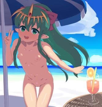 1girl :d blue_sky cloud cloudy_sky completely_nude cup day drinking_glass drinking_straw exhibitionism female_focus fire_emblem fire_emblem:_mystery_of_the_emblem green_eyes green_hair hair_between_eyes highres leaning_forward loli long_hair looking_at_viewer mageddon matching_hair/eyes navel nintendo nipples nude nudist ocean open_mouth outdoors pointy_ears public_indecency sky smile solo standing stomach tiara tiki_(fire_emblem) tiki_(young)_(fire_emblem) v