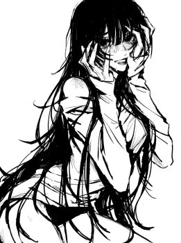 1girl blush cowboy_shot greyscale hair_between_eyes hands_on_own_face highres long_hair long_sleeves looking_at_viewer messy_hair monochrome original panties parted_lips shirt simple_background sketch sleeves_past_wrists smile solo sweat teeniika underwear white_background wispy_bangs