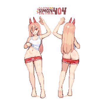 1girl ass barefoot blonde_hair chainsaw_man clothes_lift commentary demon_horns english_commentary flashing from_behind highres horns long_hair looking_at_viewer mons_pubis navel nearly_naked_shirt partially_undressed pixel_art power_(chainsaw_man) red_eyes shirt_lift shorts signature sim0n404 simple_background solo solo_focus stomach tank_top waving white_background white_tank_top