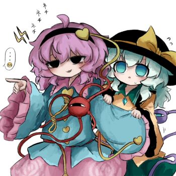 2girls black_eyes black_hairband black_hat blue_eyes blue_shirt buttons crying_emoji diamond_button emoji eyeball flying_sweatdrops frilled_shirt_collar frilled_sleeves frills green_hair green_skirt hair_ornament hairband hat hat_ribbon heart heart_button heart_hair_ornament heripantomorrow komeiji_koishi komeiji_satori lightning_bolt_symbol multiple_girls pink_hair pink_skirt pointing ribbon shirt siblings sisters skirt spoken_emoji sweatdrop third_eye touhou white_background wide_sleeves yellow_ribbon yellow_shirt