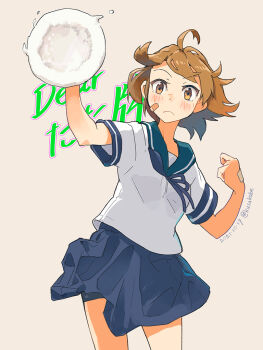 1girl ahoge bandaid bandaid_on_face blue_sailor_collar blue_skirt brown_eyes brown_hair commentary_request cowboy_shot food grey_background kantai_collection kusakabe_(kusakabeworks) oboro_(kancolle) pie pleated_skirt sailor_collar school_uniform serafuku short_hair skirt solo standing text_background throwing throwing_food throwing_pie