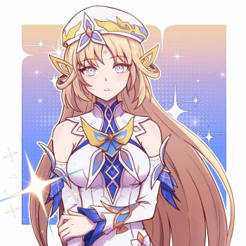 1girl blonde_hair blue_eyes breasts commentary_request cross-shaped_pupils detached_sleeves dress genshin_impact hat long_sleeves looking_at_viewer medium_breasts nicole_reeyn sleeveless sleeveless_dress solo symbol-shaped_pupils upper_body white_hat wide_sleeves youlinyafu34