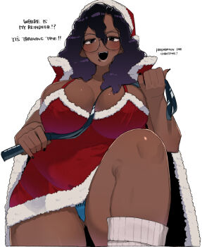 1girl black_hair black_nails blue_panties blush breasts broccoli_(ohasi) cape commentary covered_navel cowboy_shot dark-skinned_female dark_skin dominatrix dress english_text face_piercing fingernails from_below fur-trimmed_cape fur-trimmed_dress fur-trimmed_headwear fur_trim glasses hair_between_eyes half-closed_eyes hands_up hat highres holding holding_whip kinky_hair knee_up kneehighs large_breasts lip_piercing long_hair looking_at_viewer looking_down nail_polish ohasi open_mouth original panties pantyshot piercing purple_hair red_cape red_dress red_hat round_eyewear santa_hat short_dress side_labret_piercing simple_background sleeveless sleeveless_dress smile socks solo spaghetti_strap symbol-only_commentary teeth underwear upper_teeth_only upskirt v-shaped_eyebrows very_dark_skin whip white_background white_socks
