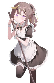1girl absurdres alternate_costume apron black_dress black_thighhighs blonde_hair blue_archive blush breasts broom brown_hair collar commentary_request detached_collar dress enmaided frilled_apron frilled_dress frills hair_ornament hairclip highres holding holding_broom leg_up lizard0221 looking_at_viewer maid maid_apron multicolored_hair neck_ribbon ponytail puffy_short_sleeves puffy_sleeves purple_eyes rena_(blue_archive) ribbon short_sleeves simple_background small_breasts solo standing standing_on_one_leg streaked_hair thighhighs virtual_youtuber waist_apron white_apron white_background white_collar wrist_cuffs zettai_ryouiki