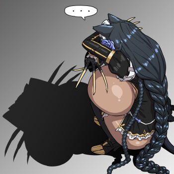 1girl akai_melon animal_ears black_gloves black_hair bodysuit braid braided_ponytail breasts cat_ears cat_girl cat_shadow_puppet_(meme) cat_tail clawed_gauntlets dress failure flower frilled_dress frills from_behind gloves gradient_background hair_flower hair_ornament highres huge_breasts last_origin long_hair maid maid_headdress meme poi_(last_origin) puffy_sleeves ribbon shadow sideboob solo squatting tail very_long_hair