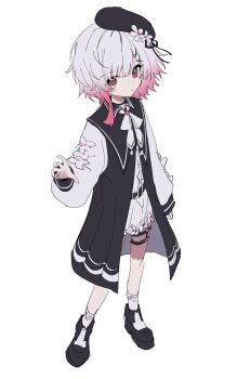 1girl absurdres beret black_choker black_dress black_hat black_shoes bloomers choker dress flower flower_ornament from_above gradient_hair hair_flower hair_ornament hashtag-only_commentary haskyyyyy1 hat hat_flower highres looking_at_viewer magical_girl mahou_shoujo_no_majo_saiban multicolored_hair pink_eyes sakuraba_ema shirt shoes short_hair simple_background socks solo thigh_strap underwear white_background white_flower white_shirt white_socks x_hair_ornament