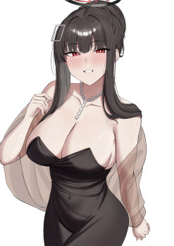 1girl absurdres bare_shoulders bead_necklace beads black_dress black_halo blue_archive blush breasts cleavage collarbone cowboy_shot dress grin hair_bun halo hand_up highres jewelry large_breasts necklace official_alternate_costume red_eyes ref_(pmxt4483) rio_(blue_archive) rio_(dress)_(blue_archive) sidelocks simple_background smile solo white_background