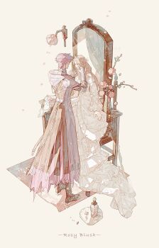 bare_shoulders blonde_hair breasts chaoxibumian commentary dress earrings flower from_above full_body hair_ribbon hand_on_another&#039;s_cheek hand_on_another&#039;s_face highres hood hood_down hooded_coat jewelry long_coat long_dress long_hair love_and_deepspace medium_breasts mirror off-shoulder_dress off_shoulder parted_bangs pink_flower pink_rose ponytail protagonist_(love_and_deepspace) purple_hair rafayel_(love_and_deepspace) ribbon rose short_hair symbol-only_commentary white_dress