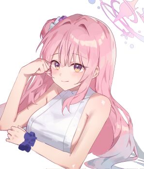 1girl bare_shoulders blue_archive blunt_bangs blush breasts clenched_hand closed_mouth commentary covered_collarbone dress dutch_angle hair_between_eyes hair_bun hair_intakes halo hand_up highres hyuji_0w0 large_breasts long_hair looking_at_viewer mika_(blue_archive) pink_hair scrunchie sidelocks simple_background single_side_bun sleeveless sleeveless_dress smile solo untranslatable_commentary upper_body white_background white_dress wrist_scrunchie yellow_eyes