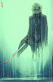 1girl :/ absurdres aqua_eyes artist_logo backlighting bleeding blood blood_on_clothes blood_on_gloves bloody_weapon bodysuit bodysuit_under_clothes bullet_wound buttons coat commentary cyborg dane_celestia english_commentary fading floating_clothes green_background green_light green_theme gunshot_wound hair_ornament hairclip highres holding holding_sword holding_weapon logo looking_at_viewer marie_(peripeteia) open_clothes open_coat peripeteia popped_collar puddle rain saber_(weapon) short_hair solo straight-on sword transparent trench_coat triangle_button walking_towards_viewer weapon