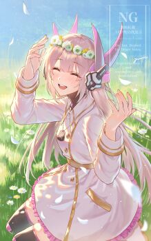 absurdres closed_eyes commentary_request daisy_(flower) dog_tags dress field flower flower_field head_wreath headgear highres liv_(pgr) punishing:_gray_raven sitting smile yuuki_(yuuki86250)