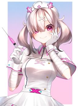 1girl bandaged_arm bandages blush closed_mouth commentary_request dress gloves grey_hair hair_ornament hair_over_one_eye hat highres holding holding_syringe looking_at_viewer nijisanji nurse_cap pink_eyes solo sukoya_kana sukoya_kana_(1st_costume) syringe twintails violet_(mesy4285) virtual_youtuber white_dress white_gloves white_hat x_hair_ornament