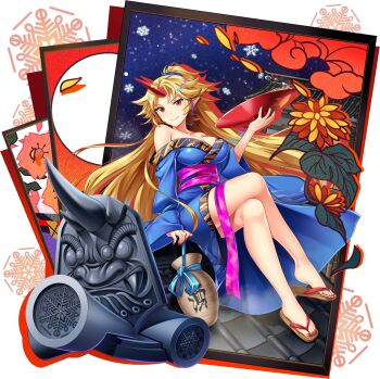 1girl alcohol alternate_costume arm_support bare_legs blonde_hair blue_kimono breasts cleavage closed_mouth collarbone commentary crossed_legs cup feet fingernails flip-flops game_cg highres horns hoshiguma_yuugi hoshiguma_yuugi_(kabukimono_of_the_former_capital) hoshiguma_yuugi_(kimono) japanese_clothes kimono legs long_hair long_sleeves medium_breasts nail_polish obi off_shoulder official_alternate_costume official_art pointy_ears purple_sash red_horns red_nails rotte_(1109) sakazuki sake sandals sash single_horn smile solo third-party_source toenail_polish toenails toes touhou touhou_lostword transparent_background very_long_hair wide_sleeves