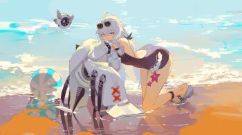 1girl absurdres ankle_belt artist_request ball beach beachball belt blue_sky cloud flip-flops frills grey_eyes highres kneeling leaning_on_object long_sleeves looking_at_viewer machine mechabare no._21:_xxi_(pgr) no._21_(pgr) no._21:_xxi_(solar_frost)_(pgr) ocean punishing:_gray_raven reflection sand sandals sky starfish sunglasses swimsuit white_hair xe367