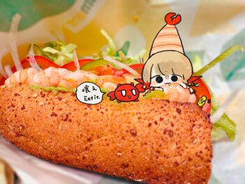 1girl blonde_hair braid chibi chibi_only crab eating food food-themed_hat highres in_food mini_person minigirl original pankichi_anko photo_background red_wings sandwich shrimp shrimp_tempura solo speech_bubble tempura twin_braids wings
