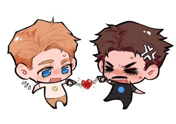 Rule 34 | 2boys, anger vein, animal print, animification, arc reactor, avengers (series), bird print, black pants, black shirt, black shoes, blonde hair, blue eyes, blush, brown hair, brown shoes, chain, chibi, chibi only, closed eyes, cuffs, facial hair, fang, full body, hand up, hashtag-only commentary, heart, lanita 1212, looking at object, male focus, marvel, multiple boys, notice lines, open mouth, pants, shirt, shoes, short hair, short sleeves, simple background, skin fang, standing, steve rogers, sweat, t-shirt, tony stark, v-shaped eyebrows, white background, white shirt, yellow pants