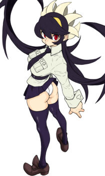 1girl ass black_hair filia_(skullgirls) from_above full_body long_hair looking_at_viewer looking_back necktie pleated_skirt pout red_eyes school_uniform skirt skullgirls solo standing thighhighs toshinoshin twisted_torso white_background