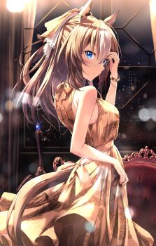 Rule 34 | 1girl, alternate costume, animal ears, bare shoulders, blonde hair, blue eyes, blush, breasts, brown dress, chair, closed mouth, commentary request, dress, durandal (umamusume), ear covers, hair between eyes, hair ornament, highres, horse ears, horse girl, horse tail, indoors, long hair, looking at viewer, medium breasts, multicolored hair, murasaki himuro, single ear cover, sleeveless, sleeveless dress, solo, tail, two-tone hair, umamusume, white hair, window